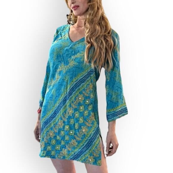 100% Upcycled Silk Indie Ella Embroidered Tunic - Turquoise - OS - Picture 1 of 10